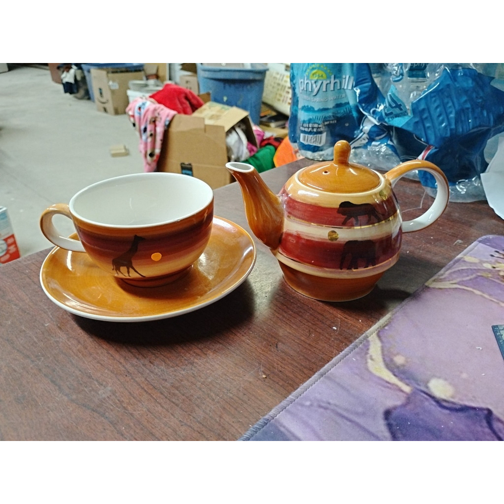 Rare Theodor Maass Safari Teapot Tea Cup Saucer Set Ceramic Germany